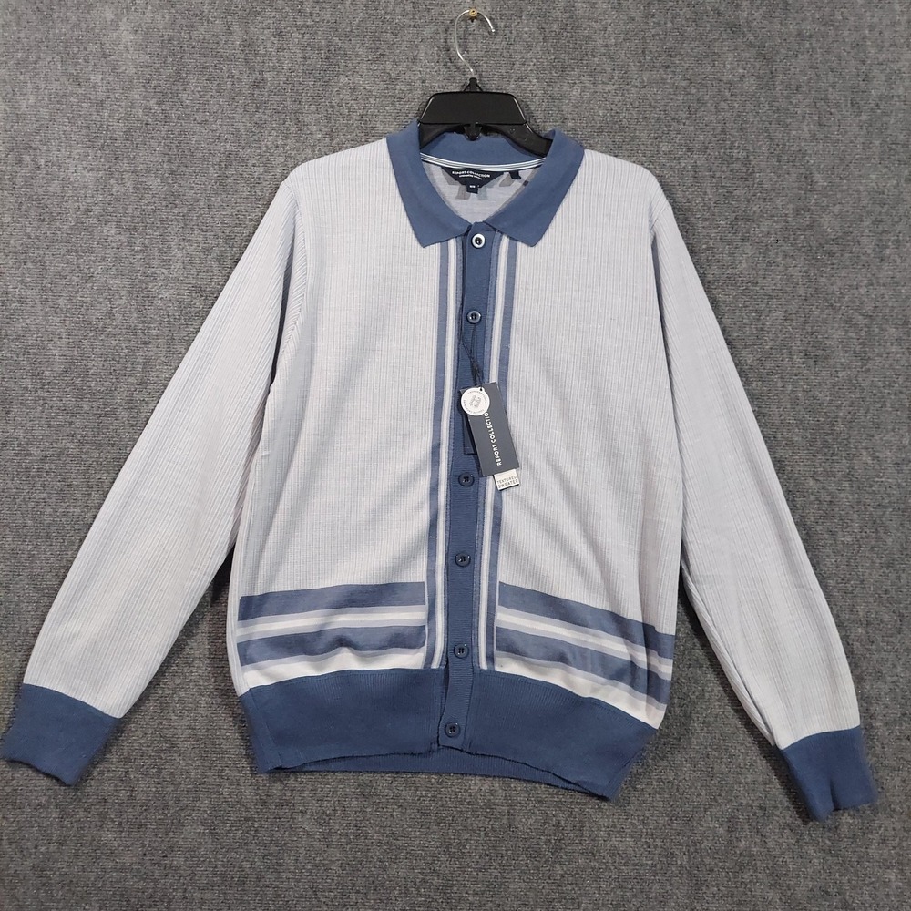Report‎ Collection Shirt Mens Medium Blue Striped Knit Button Front Sweater